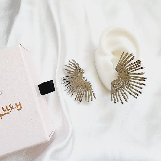 fan earrings, silver earrings, hypoallergenic earrings, fan maxi studs, 18k gold plated earrings, Waterproof earrings, Silver and gold, Durable earrings, Elegant earrings, Timeless design, aesthetic earrings, timeless earrings, Fashion accessories, Stylish jewelry, stylish earrings, Versatile jewelry, Bold Earrings