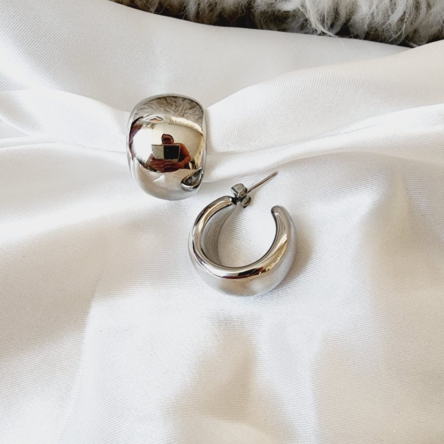 Crescent hoops, moon hoops, silver hoops, hypoallergenic earrings, 18k gold plated earrings, Waterproof earrings, Silver and gold, Durable earrings, Elegant earrings, Timeless design, aesthetic earrings, timeless earrings, Stylish jewelry, stylish earrings, Versatile jewelry, Bold Earrings, Bold hoops, chunky hoops, chunky earrings, Special occasion jewelry, Everyday earrings, Premium quality studs, Affordable luxury Hypoallergenic earrings waterproof earrings, water resistant earrings, silver studs
