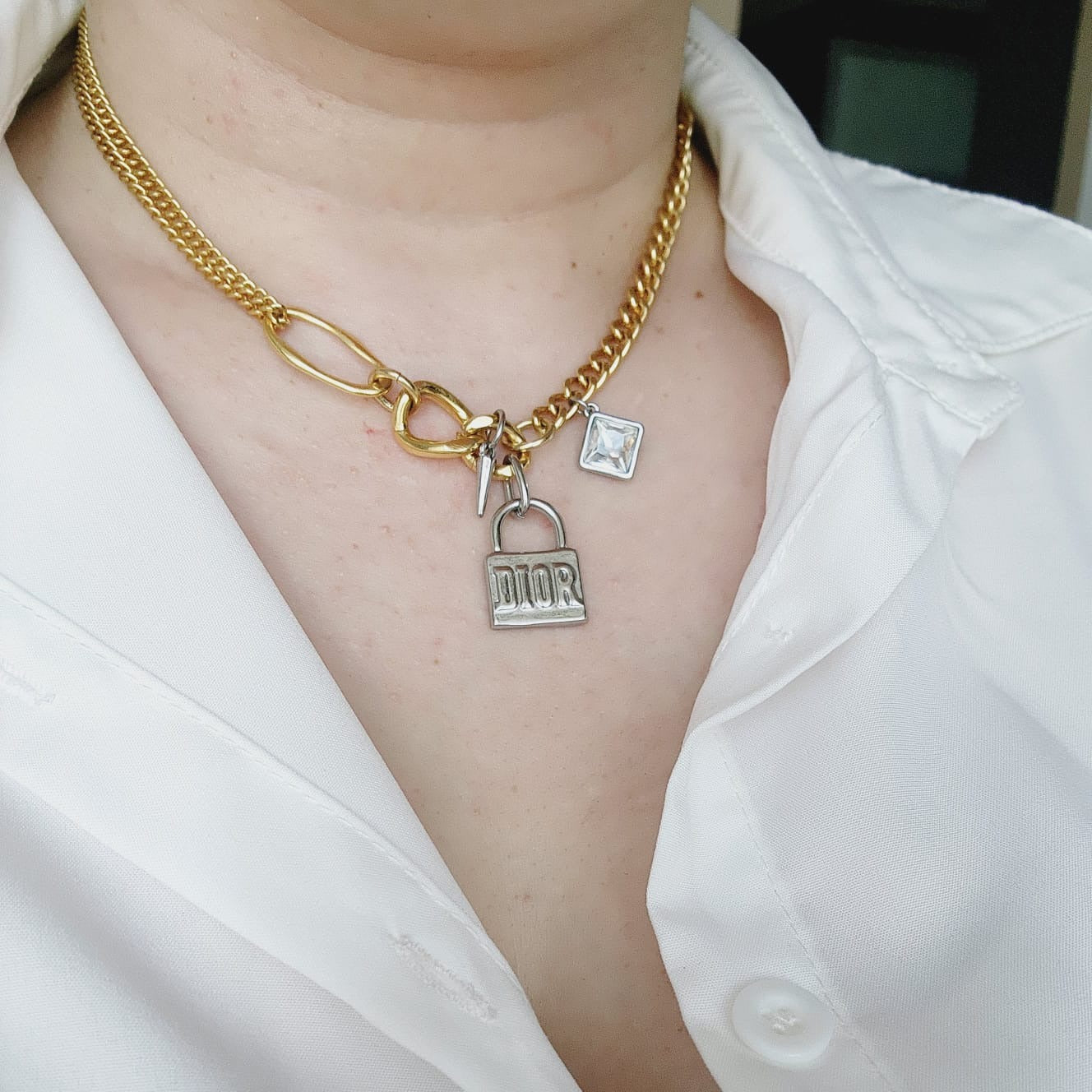 Edgy Double tone Necklace, Lock Famous Necklace, Two Tone Waterproof Necklace, Two Tone Cuban Necklace, Two tone cuban chain, Lock Silver Chain, Lock Pendant and Necklace, Dior Dupe Necklace, Water Resistant Necklace, Water Resistant Jewelry, Vintage two tone Necklace, Double tone Vintage Necklace, Water Resistant, water resistance jewelry, Bold Jewelry Gift, Bold Jewelry, Vintage Bold Necklace
