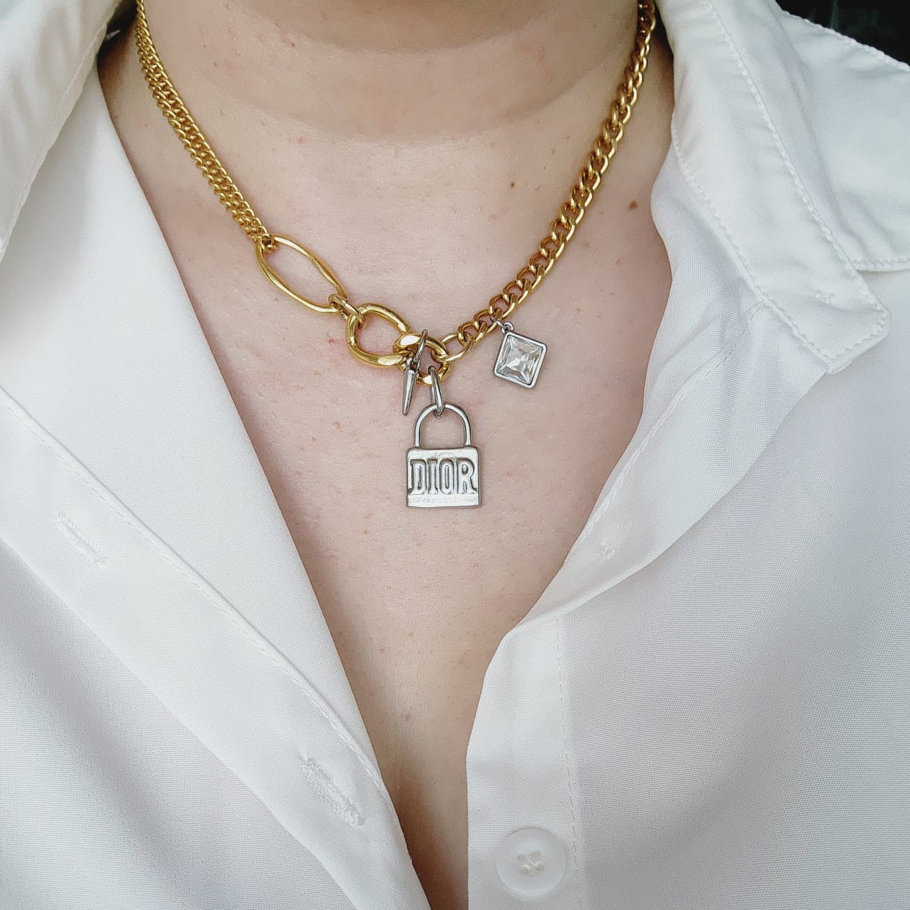 Edgy Double tone Necklace, Lock Famous Necklace, Two Tone Waterproof Necklace, Two Tone Cuban Necklace, Two tone cuban chain, Lock Silver Chain, Lock Pendant and Necklace, Dior Dupe Necklace, Water Resistant Necklace, Water Resistant Jewelry, Vintage two tone Necklace, Double tone Vintage Necklace, Water Resistant, water resistance jewelry, Bold Jewelry Gift, Bold Jewelry, Vintage Bold Necklace