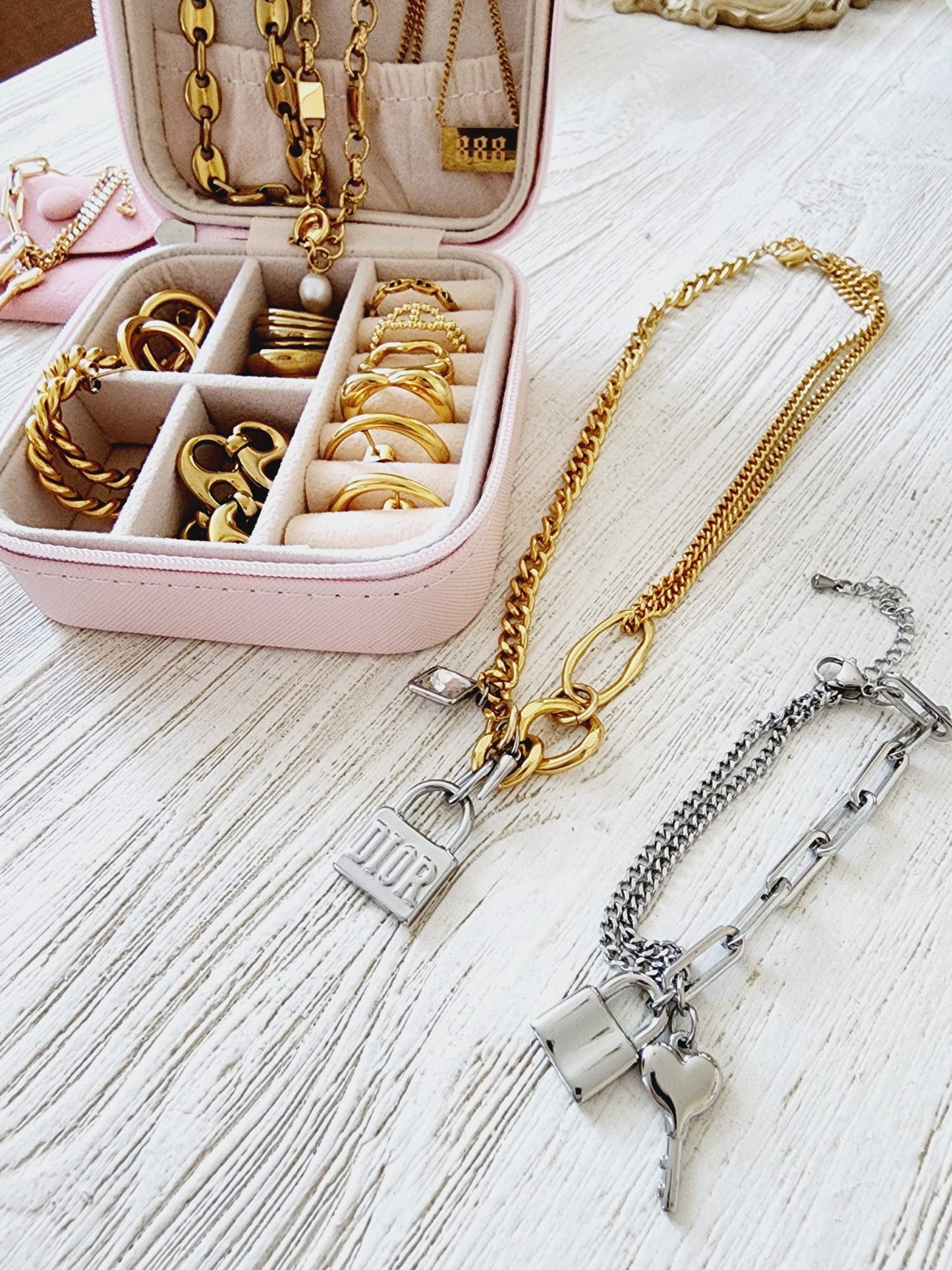 Edgy Double tone Necklace, Lock Famous Necklace, Two Tone Waterproof Necklace, Two Tone Cuban Necklace, Two tone cuban chain, Lock Silver Chain, Lock Pendant and Necklace, Dior Dupe Necklace, Water Resistant Necklace, Water Resistant Jewelry, Vintage two tone Necklace, Double tone Vintage Necklace, Water Resistant, water resistance jewelry, Bold Jewelry Gift, Bold Jewelry, Vintage Bold Necklace