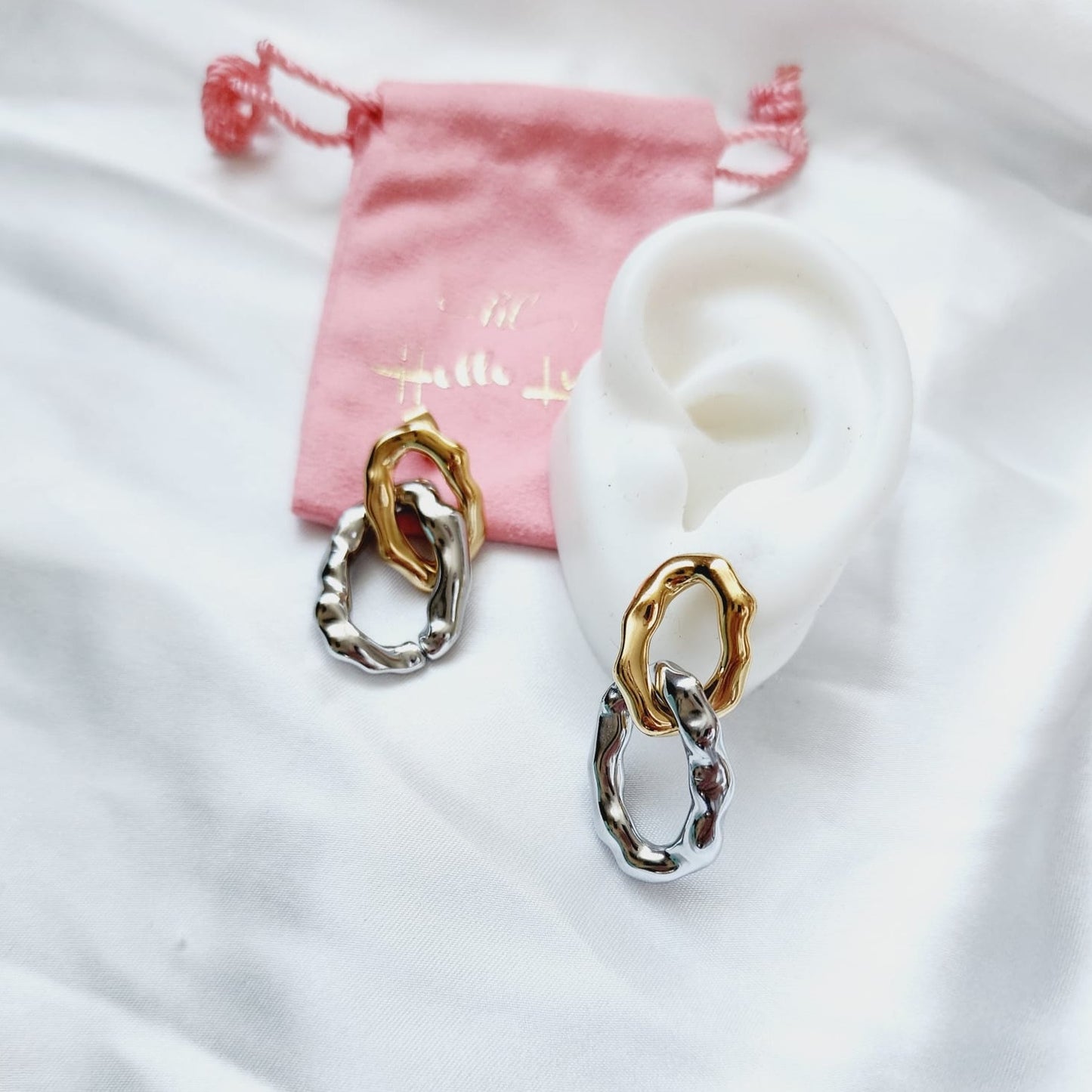 two tone earrings, gold and silver earrings, double tone earrings, abstract two tone earrings, abstract earrings, dainty earrings, classy earrings, Hiigh quality 18k gold plated earrings, water resistant earrings, aesthetic earrings, water resistance jewelry Vintage Earrings, Bold Earrings, Water Resistant Earrings, Tarnish Free Earrings,