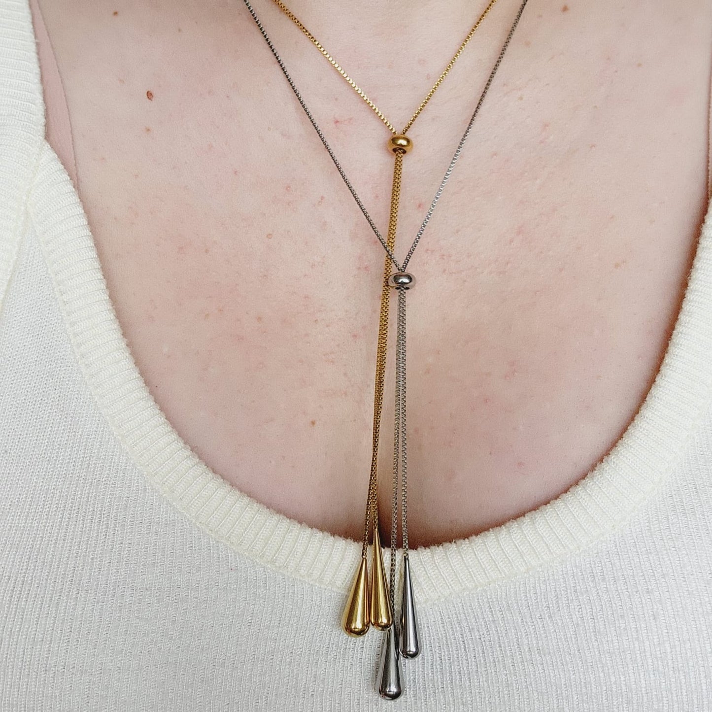 Adjustable Lariat necklace, Adjustable chain, Silver and Gold lariat, Adjustable Double tone mesh chain, two tone lariat, Edgy Double tone Necklace, Two Tone Waterproof Necklace, Two Tone Cuban Necklace, Two tone cuban chain, Lock Silver Chain, Lock Pendant and Necklace, Dior Dupe Necklace, Water Resistant Necklace, Water Resistant Jewelry