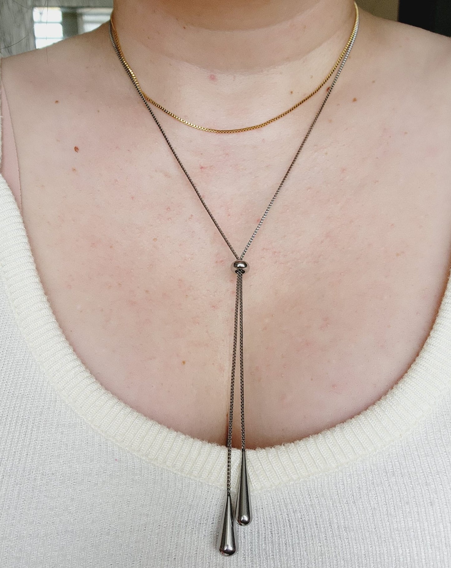 Adjustable Lariat necklace, Adjustable chain, Silver and Gold lariat, Adjustable Double tone mesh chain, two tone lariat, Edgy Double tone Necklace, Two Tone Waterproof Necklace, Two Tone Cuban Necklace, Two tone cuban chain, Lock Silver Chain, Lock Pendant and Necklace, Dior Dupe Necklace, Water Resistant Necklace, Water Resistant Jewelry