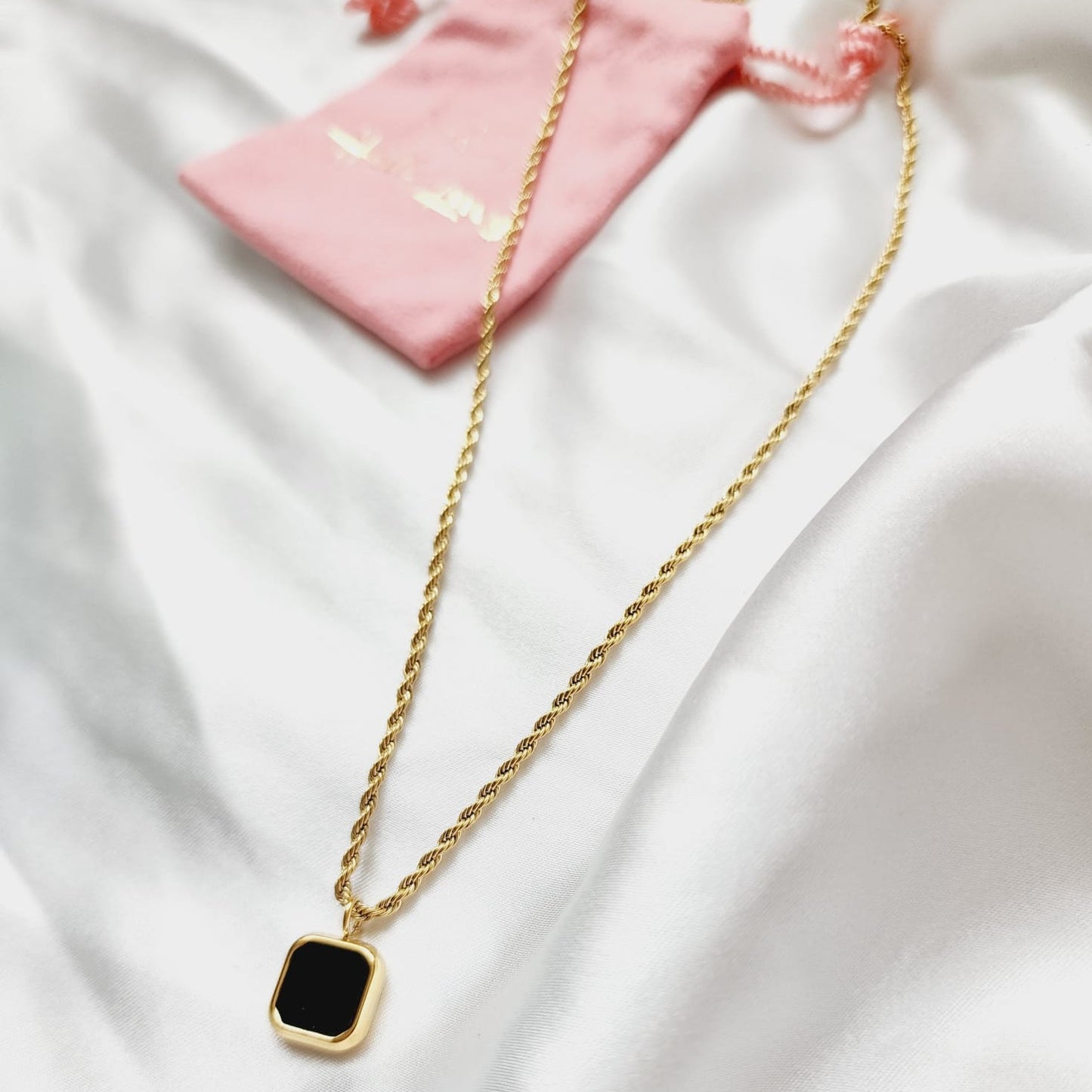 Black square onyx Rope Necklace, Chunky Necklace, 18k Gold Plated Cuban Chain, Black necklace, black delicate necklace, black simple necklace, black square necklace, black Pearl Necklace, Water Resistant Necklace, black vintage necklace, Water Resistant Jewelry, Water Resistant, water resistance jewelry, Vintage Necklaces, christmas gift for her, christmas gift for wife