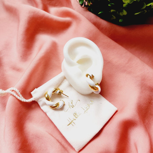 White and gold earrings, white earrings, white and gold Hoops, white and gold twisted Hoops, wide chunky earring, Water Resistant bold earrings, Water Resistant simple earrings, sweat resistant jewelry, water resistant minimalist jewelry, minimalist earrings, timeless gold earrings, waterproof earrings, stainless steel earrings,