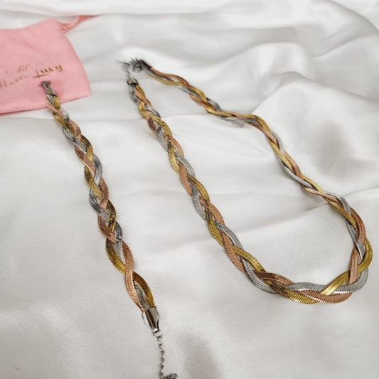 Three tone snake chain, Silver gold and rose gold braid necklace, Chunky Necklace, 18k Gold Plated Cuban Chain, herringbone three tones set, water proof jewelry, three tone jewelry, gift for woman Water Resistant Necklace Water Resistant Jewelry Water Resistant water resistance jewelry