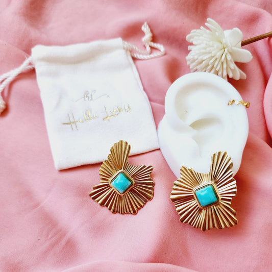 18KG geometric pattern blue stone statement stainless steel earrings, fan earrings, silver earrings, hypoallergenic earrings, fan maxi studs, 18k gold plated earrings, Waterproof earrings, Silver and gold, Durable earrings, Elegant earrings, Timeless design, aesthetic earrings, timeless earrings