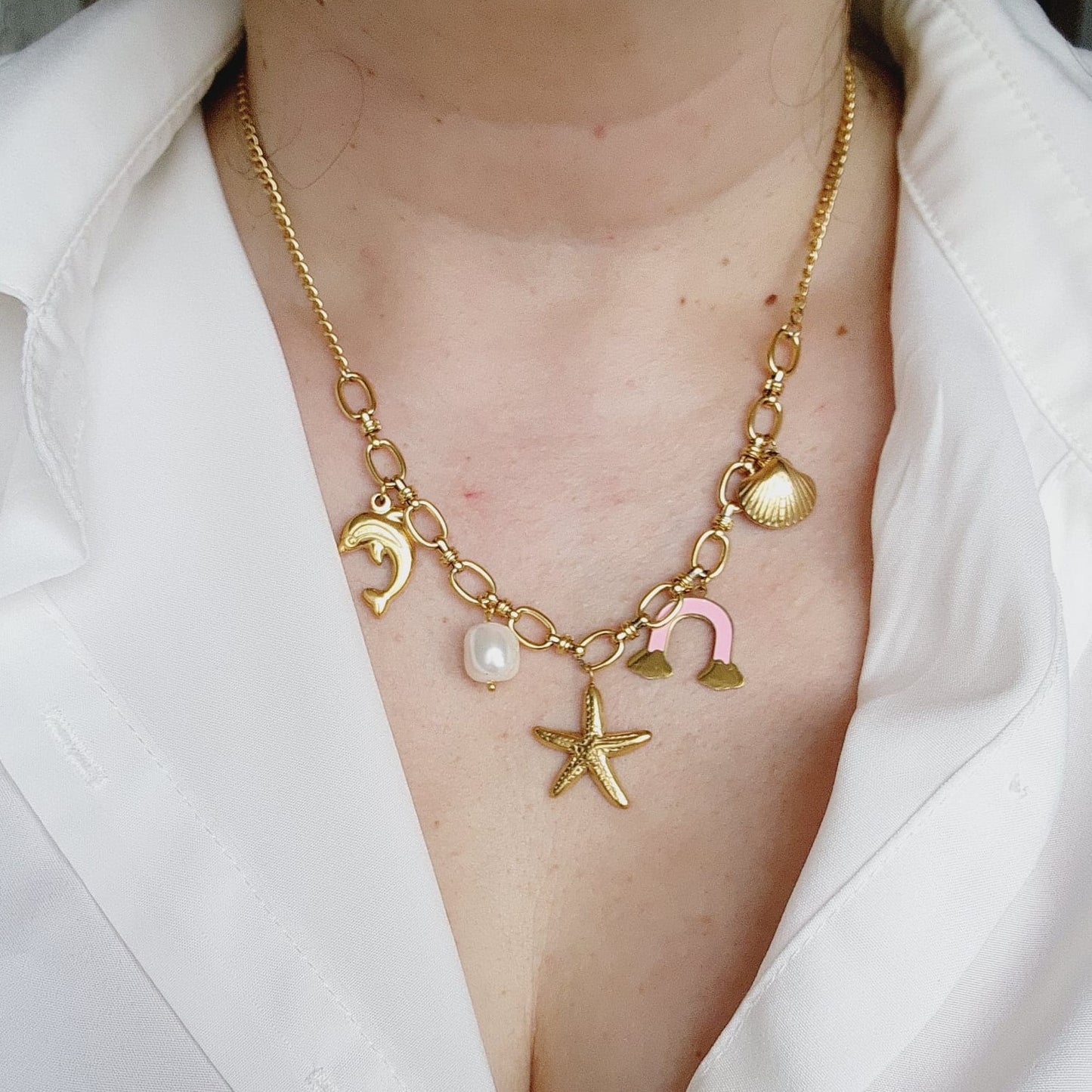 Charms Star Necklace, Ocean charms Necklace, 18k Gold Plated Cuban Chain, Water Resistant Necklace, daughter jewelry gift, best daughter gifts ideas, star necklaces, summer jewelry trends, rainbow necklaces, Water Resistant Jewelry, Water Resistant, water resistance jewelry, Shell necklace, Charm necklaces, custom necklace, dolphin necklace, beach lovers gift, beach lovers jewelry