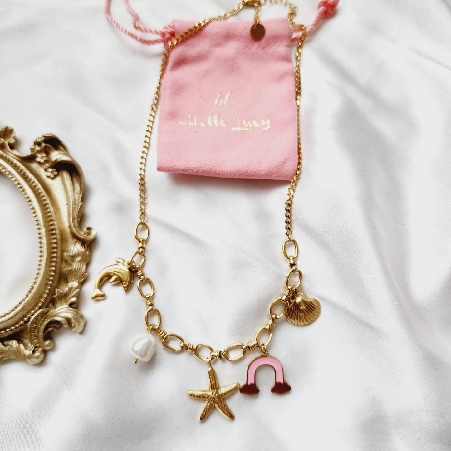 Charms Star Necklace, Ocean charms Necklace, 18k Gold Plated Cuban Chain, Water Resistant Necklace, daughter jewelry gift, best daughter gifts ideas, star necklaces, summer jewelry trends, rainbow necklaces, Water Resistant Jewelry, Water Resistant, water resistance jewelry, Shell necklace, Charm necklaces, custom necklace, dolphin necklace, beach lovers gift, beach lovers jewelry