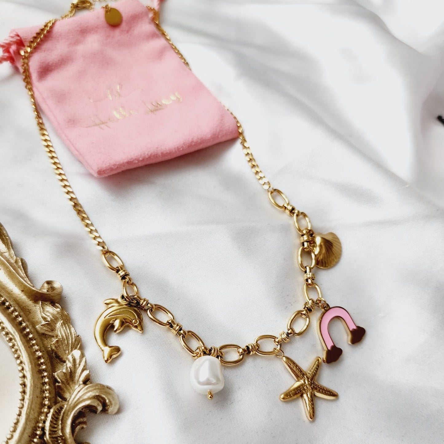 Charms Star Necklace, Ocean charms Necklace, 18k Gold Plated Cuban Chain, Water Resistant Necklace, daughter jewelry gift, best daughter gifts ideas, star necklaces, summer jewelry trends, rainbow necklaces, Water Resistant Jewelry, Water Resistant, water resistance jewelry, Shell necklace, Charm necklaces, custom necklace, dolphin necklace, beach lovers gift, beach lovers jewelry