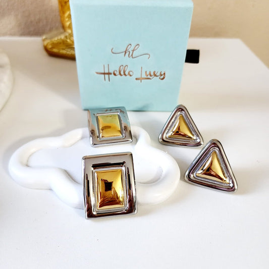 Two tone triangle Earrings, chunky two tone studs, Water Resistant Earrings, 18k Gold Plated, Vintage Earrings, Everyday two tone earrings, Two tone Water resistant gold hoops, Two tone hoops, small two tone delicate hoops, tarnish free gold open hoops, Lightweight Chunky Open Hoops, 14k lightweight chunky hoops,