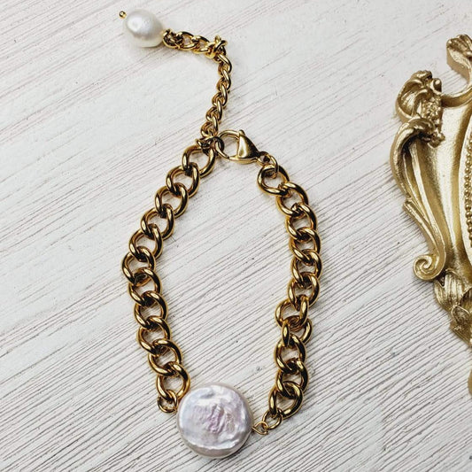 Pearl Bracelet Cuban Bracelet, Baroque Bracelet, Mother Pearl Bracelet, Chunky Bracelet, Cuban Bracelet, Bold Look, Bold Jewelry