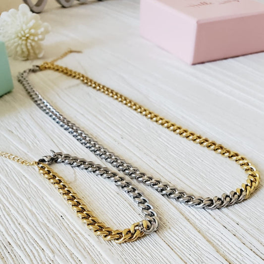 Minimalist chain, Double tone Chain, silver and gold Necklace, double tone cuban Chain, Water resistant jewelry, water resistant Necklace, Water resistant bracelet, vintage jewelry, vintage jewelry, vintage necklace, 14k gold necklace, 14k gold jewelry, 14k gold necklace, fine jewelry, fine necklace, fine bracelet, 6mm gold and silver chain, bold necklace, bold jewelry, handmade jewelry, fine jewelry brand, hello luxy, joyeria fina, 18k gold plated chain, 18k gold plated jewelry, gift for her