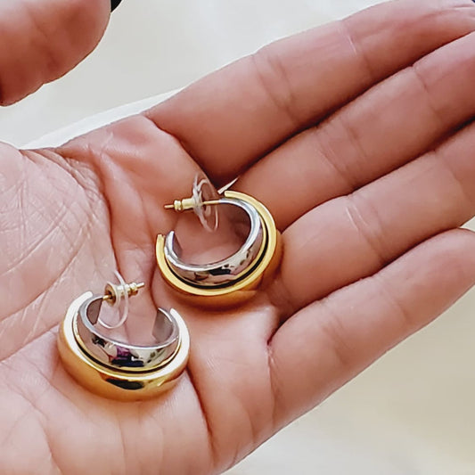 chunky earrings, thick gold hoop, gold hoop earrings, chunky gold hoop, hypoallergenic hoops, gold hoop earring, chunky hoops, small hoop earring, helloluxyjewelry, hoop earrings, croissant earrings, croissant hoops, gold filled hoops, twisted curved hoop, cuban rings, bold earrings, 18k gold earrings, water resistant earrings, double tone hoops, double tone earrings