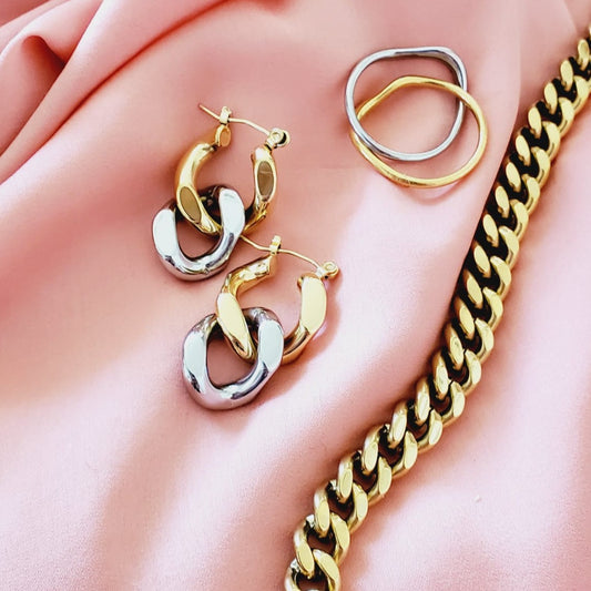 chunky earrings, thick gold hoop, gold hoop earrings, chunky gold hoop, hypoallergenic hoops, gold hoop earring, chunky hoops, small hoop earring, helloluxyjewelry, hoop earrings, croissant earrings, croissant hoops, gold filled hoops, twisted curved hoop, cuban rings, bold earrings, 18k gold earrings, water resistant earrings, double tone hoops, double tone earrings