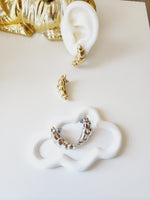 two-tone earrings, gold and silver earrings, waterproof earrings, curved earrings, segmented earrings, stainless steel earrings, hypoallergenic earrings, tarnish-free earrings, Hello Luxy jewelry.