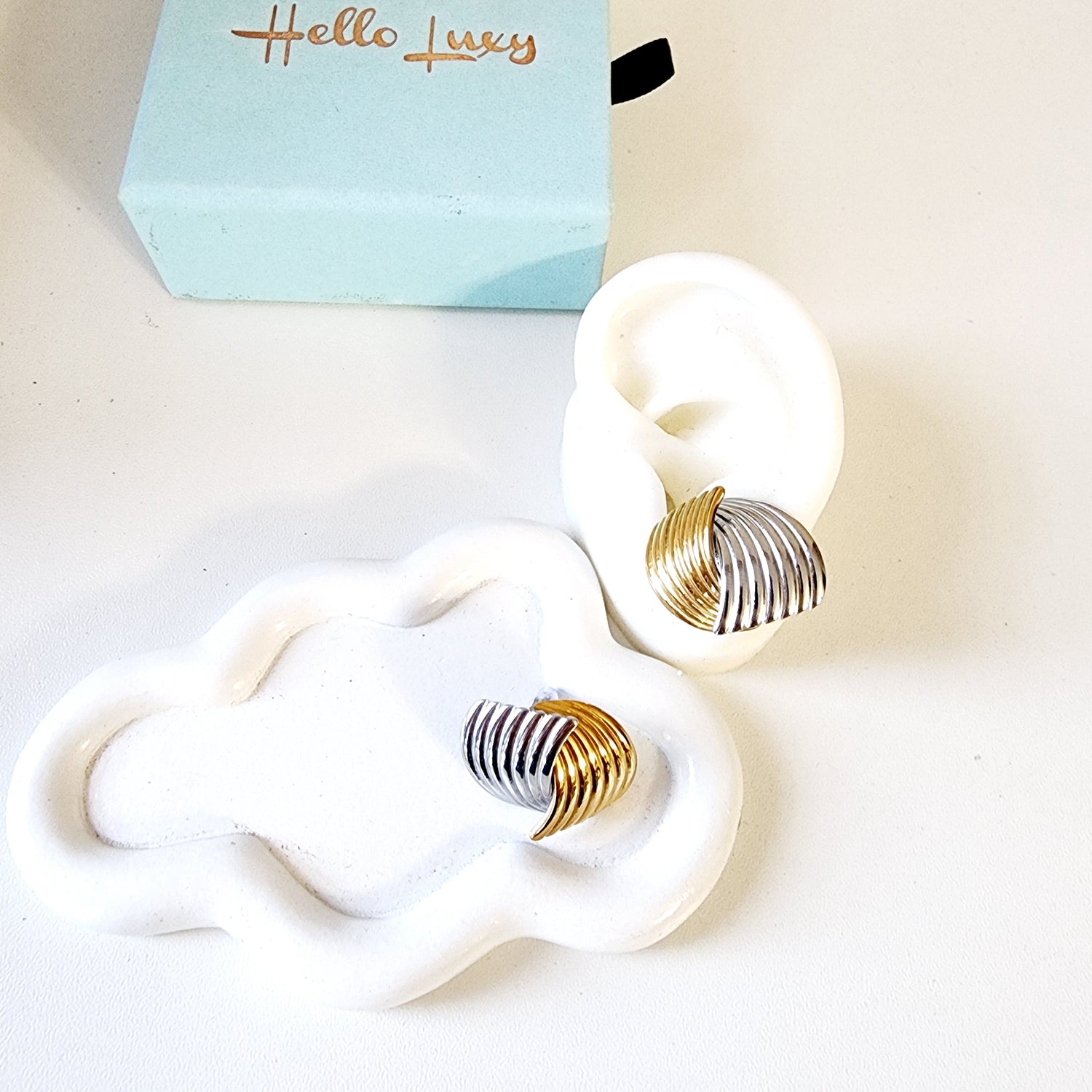 two-tone earrings, gold and silver earrings, waterproof earrings, wave earrings, statement earrings, stainless steel earrings, hypoallergenic earrings, tarnish-free earrings, modern earrings, Hello Luxy jewelry.