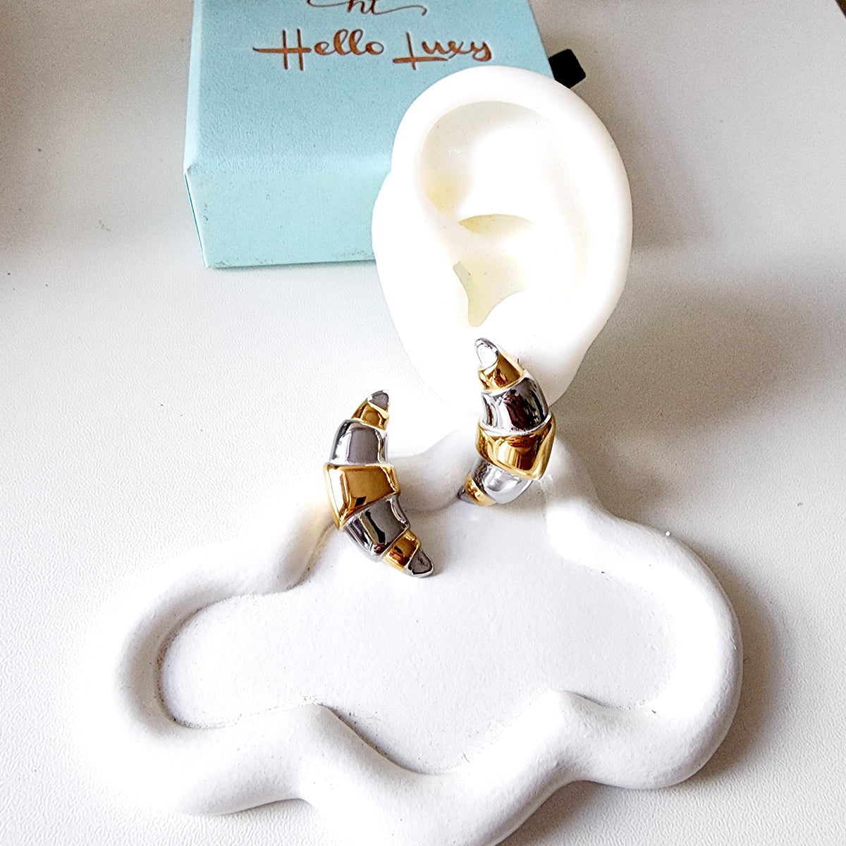 two-tone earrings, gold and silver earrings, waterproof earrings, curved earrings, segmented earrings, stainless steel earrings, hypoallergenic earrings, tarnish-free earrings, Hello Luxy jewelry.