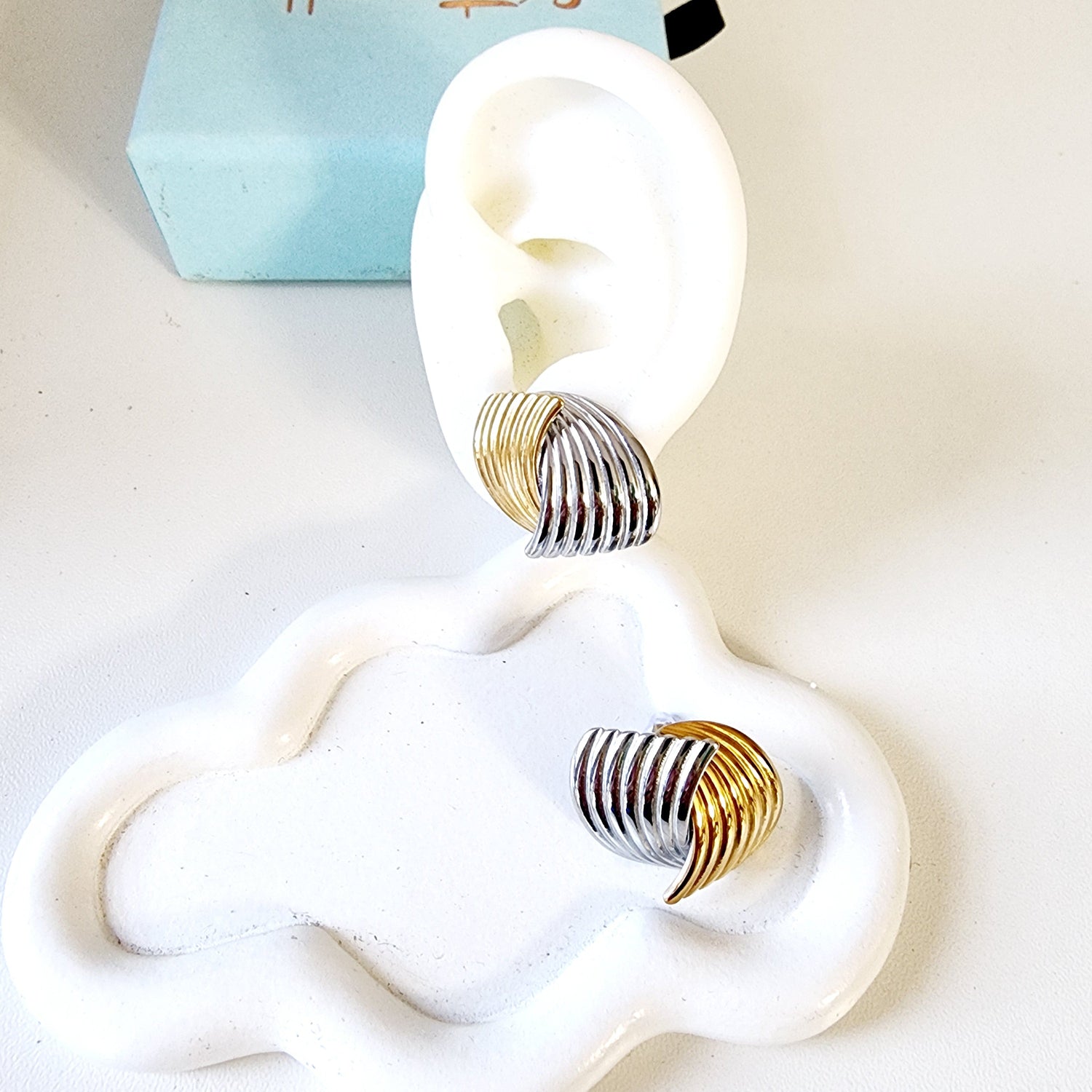 two-tone earrings, gold and silver earrings, waterproof earrings, wave earrings, statement earrings, stainless steel earrings, hypoallergenic earrings, tarnish-free earrings, modern earrings, Hello Luxy jewelry.