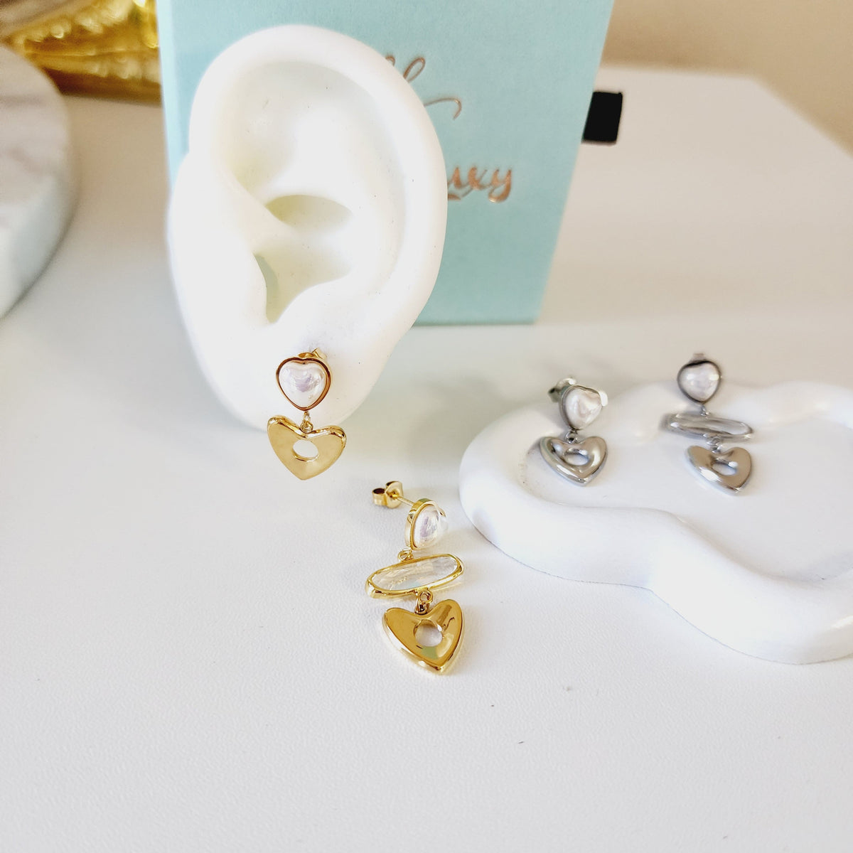 Heart Gold Assymetric Earrings, heart silver assymetric earrings, heart pearl earrings