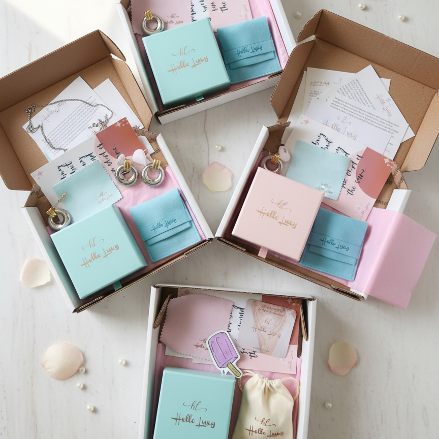 Jewelry Mystery Boxes, limited Mystery Box, Open boxes containing stationery items with 'hello love' branding on a light surface.