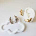 two-tone earrings, gold and silver earrings, waterproof earrings, curved earrings, segmented earrings, stainless steel earrings, hypoallergenic earrings, tarnish-free earrings, Hello Luxy jewelry.