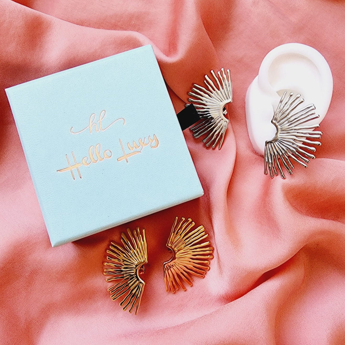 fan earrings, silver earrings, hypoallergenic earrings, fan maxi studs, 18k gold plated earrings, Waterproof earrings, Silver and gold, Durable earrings, Elegant earrings, Timeless design, aesthetic earrings, timeless earrings, Fashion accessories, Stylish jewelry, stylish earrings, Versatile jewelry, Bold Earrings