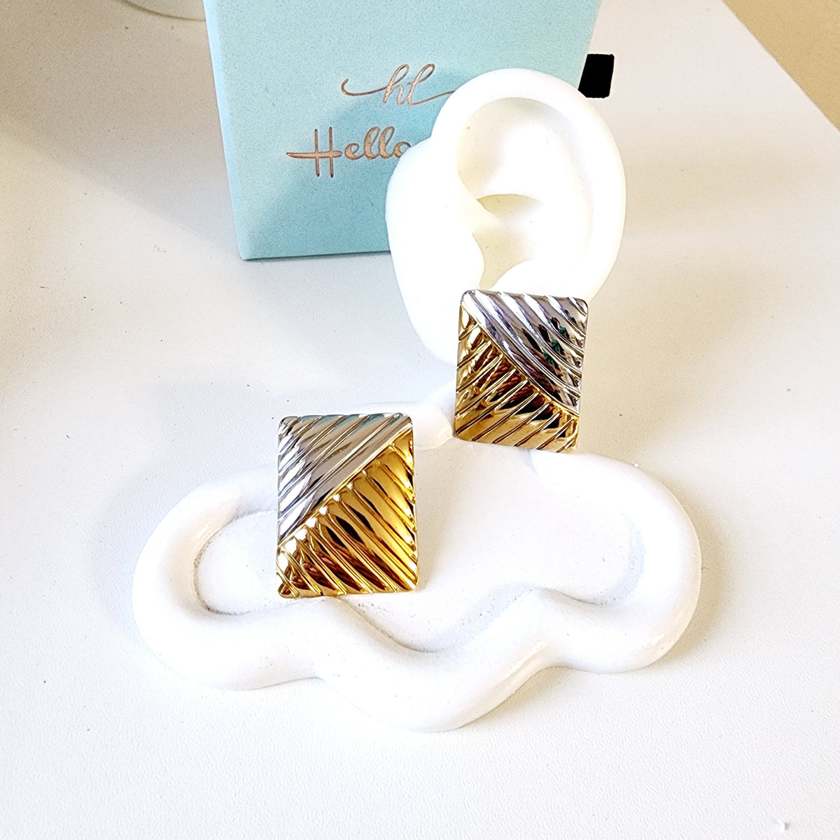 Square Everyday two tone earrings, Square earrings, Two tone square Texture Earrings, texture two tone earrings, waterproof earrings, sweat-resistant jewelry, star earrings, celestial earrings, two-tone earrings, stainless steel earrings, gold and silver earrings, tarnish-free jewelry, hypoallergenic earrings,