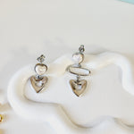 Heart Gold Assymetric Earrings, heart silver assymetric earrings, heart pearl earrings