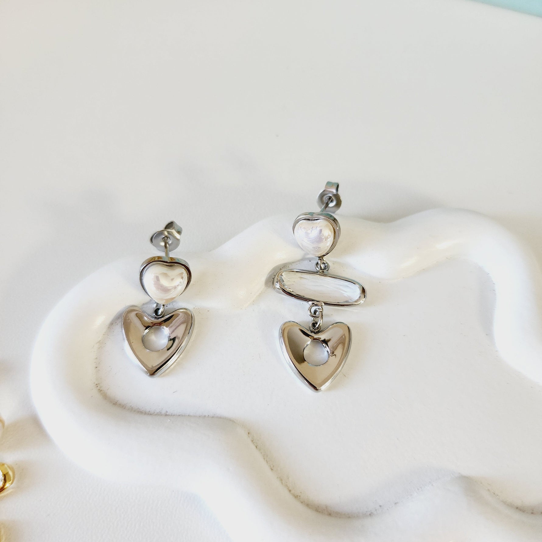 Heart Gold Assymetric Earrings, heart silver assymetric earrings, heart pearl earrings