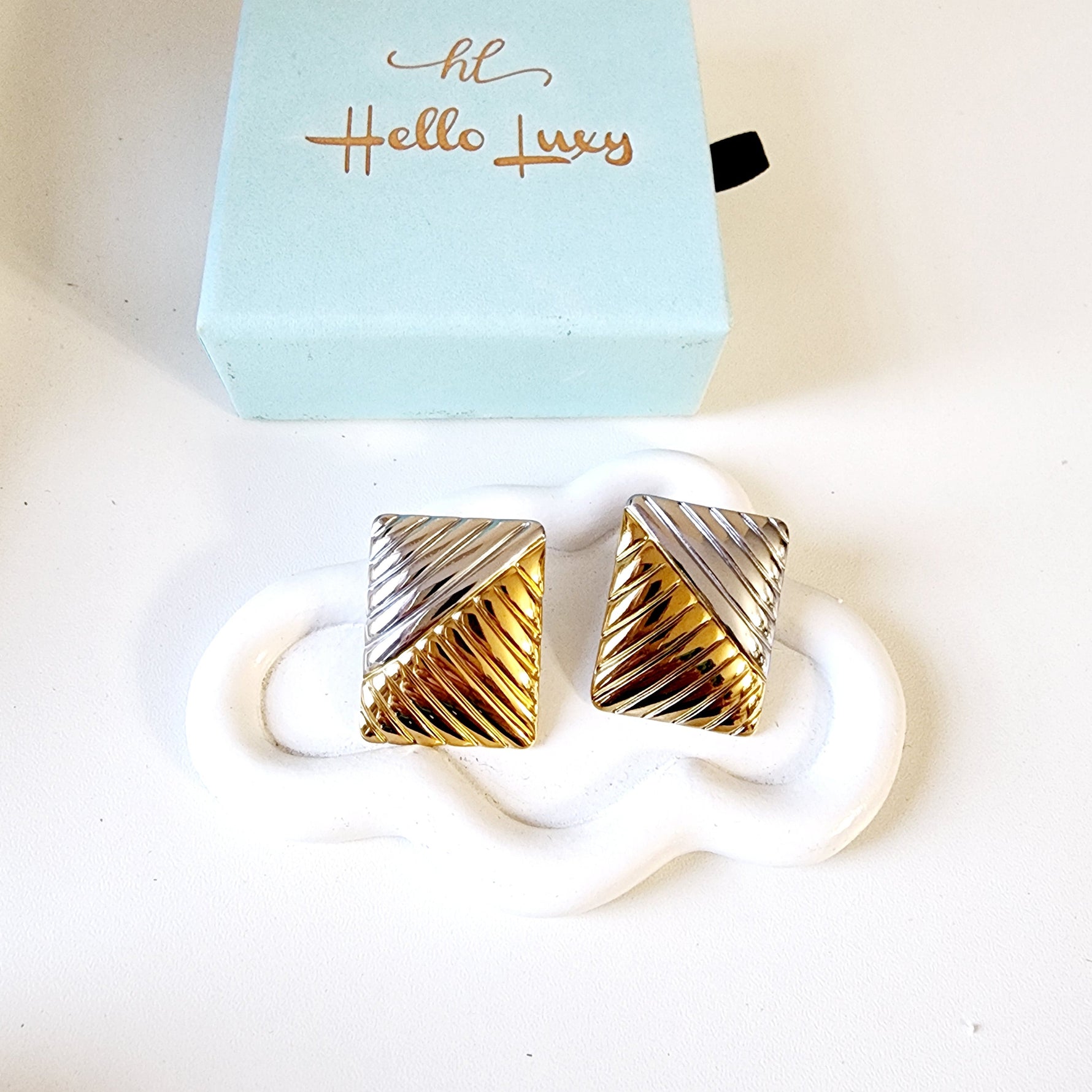 Square Everyday two tone earrings, Square earrings, Two tone square Texture Earrings, texture two tone earrings, waterproof earrings, sweat-resistant jewelry, star earrings, celestial earrings, two-tone earrings, stainless steel earrings, gold and silver earrings, tarnish-free jewelry, hypoallergenic earrings,