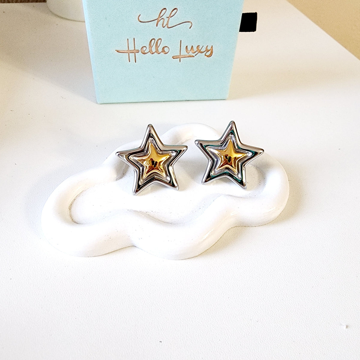 waterproof earrings, sweat-resistant jewelry, star earrings, celestial earrings, two-tone earrings, stainless steel earrings, gold and silver earrings, tarnish-free jewelry, hypoallergenic earrings,
