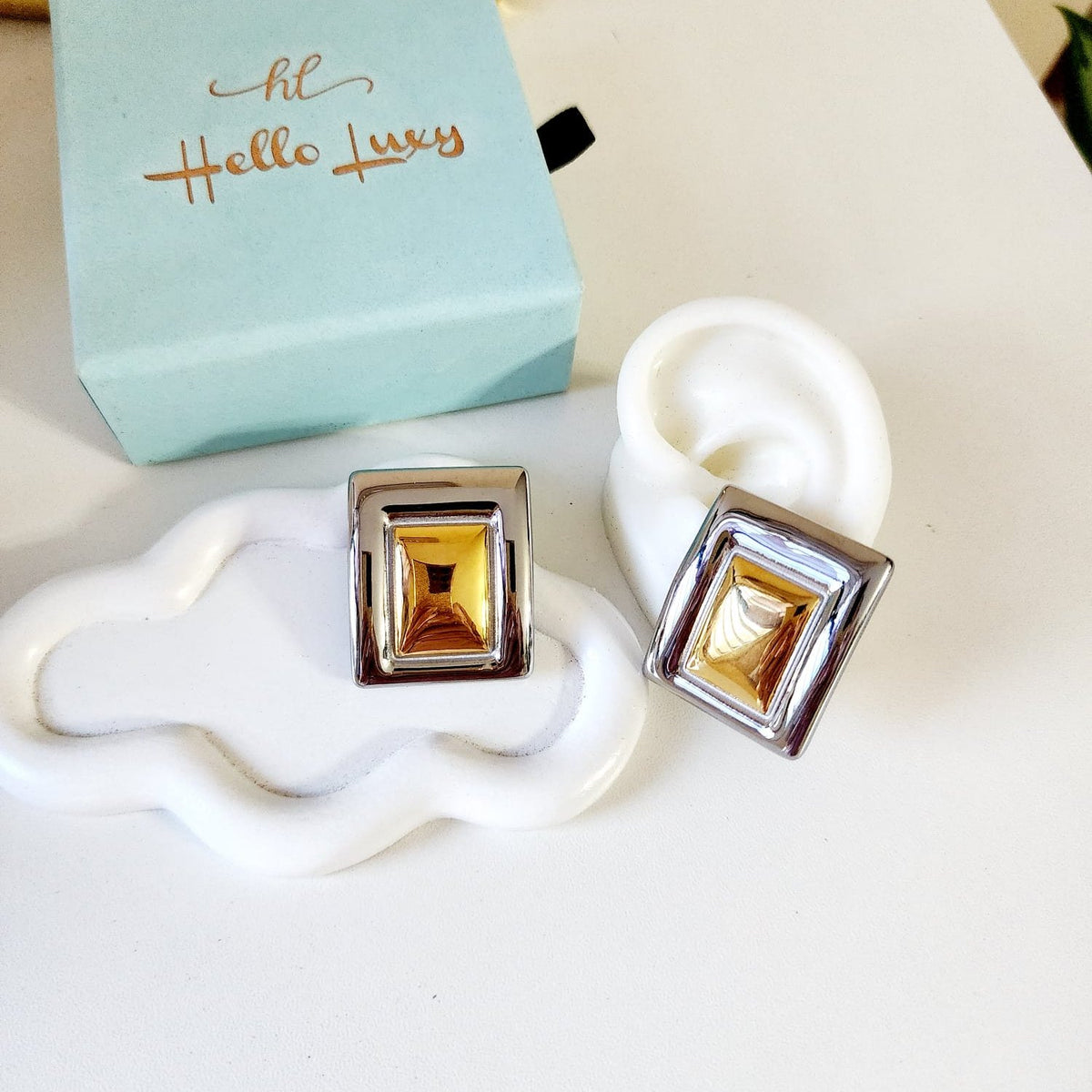 Two tone square Earrings, chunky two tone studs, Water Resistant Earrings, 18k Gold Plated, Vintage Earrings, Everyday two tone earrings, Two tone Water resistant gold hoops, Two tone hoops, small two tone delicate hoops, tarnish free gold open hoops, Lightweight Chunky Open Hoops, 14k lightweight chunky hoops