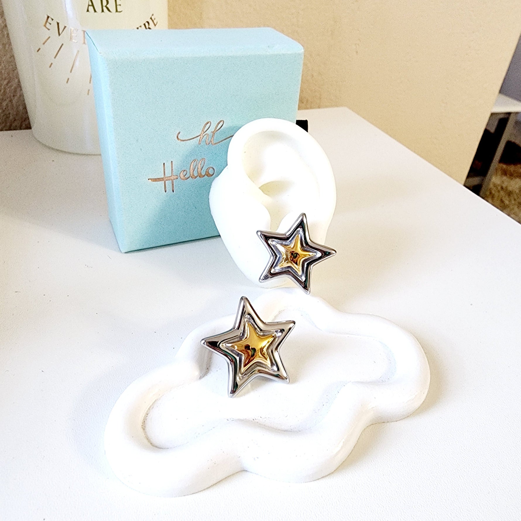 waterproof earrings, sweat-resistant jewelry, star earrings, celestial earrings, two-tone earrings, stainless steel earrings, gold and silver earrings, tarnish-free jewelry, hypoallergenic earrings,