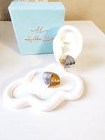 two-tone earrings, gold and silver earrings, waterproof earrings, wave earrings, statement earrings, stainless steel earrings, hypoallergenic earrings, tarnish-free earrings, modern earrings, Hello Luxy jewelry.