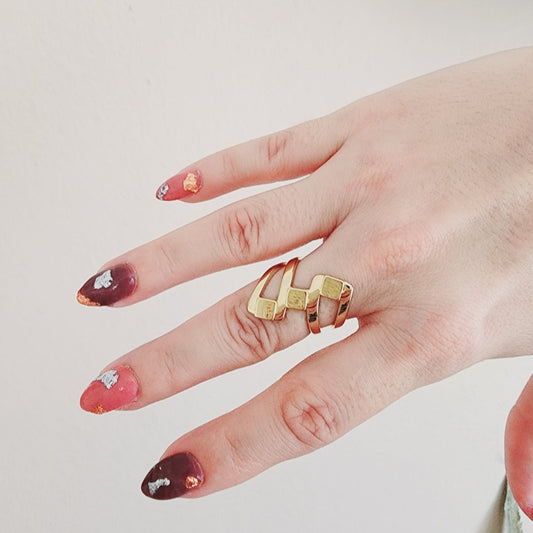 Geometric Bold ring, Water Resistant classy rings, Water Resistant simple rings, sweat resistant jewelry, water resistant minimalist jewelry, minimalist rings, waterproof rings, stainless steel rings, 14k gold plated simple rings, 14k gold plated classy rings, gold vintage rings, tarnish free rings, stackable rings, gold stackable rings, tarnish free jewelry, dainty abstract rings, dainty chunky rings, Unique Stylish Ring, Statement large ring, Big Irregular Ring, Irregular Statement Ring