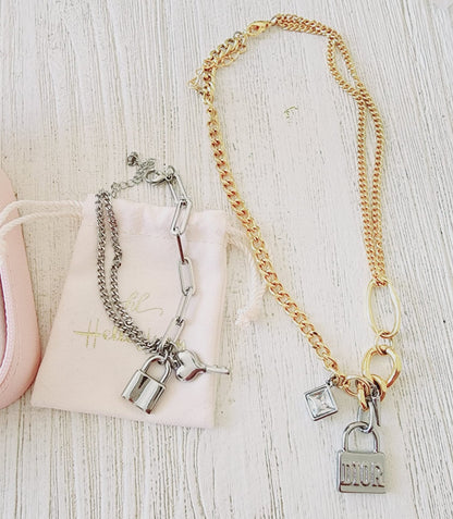 Edgy Double tone Necklace, Lock Famous Necklace, Two Tone Waterproof Necklace, Two Tone Cuban Necklace, Two tone cuban chain, Lock Silver Chain, Lock Pendant and Necklace, Dior Dupe Necklace, Water Resistant Necklace, Water Resistant Jewelry, Vintage two tone Necklace, Double tone Vintage Necklace, Water Resistant, water resistance jewelry, Bold Jewelry Gift, Bold Jewelry, Vintage Bold Necklace