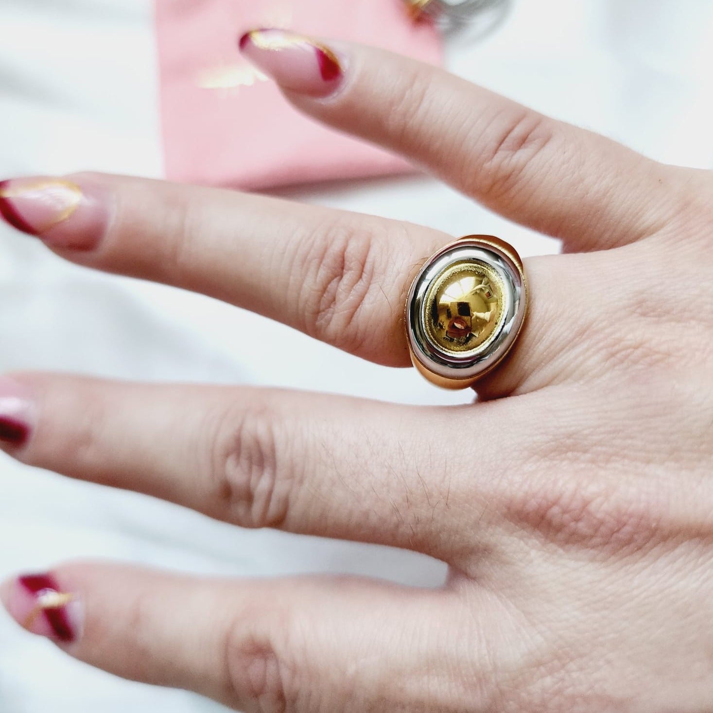 double tone ring, chunky silver and gold ring, promise ring, bold double tone ring, valentine gift, jewelry gift for valentines, love ring, love jewelry, gift for wife, gift for friend, friendship gifts, self love ring, amor propio anillo, anillo de corazon, waterproof ring, waterproof jewelry, timeless jewelry