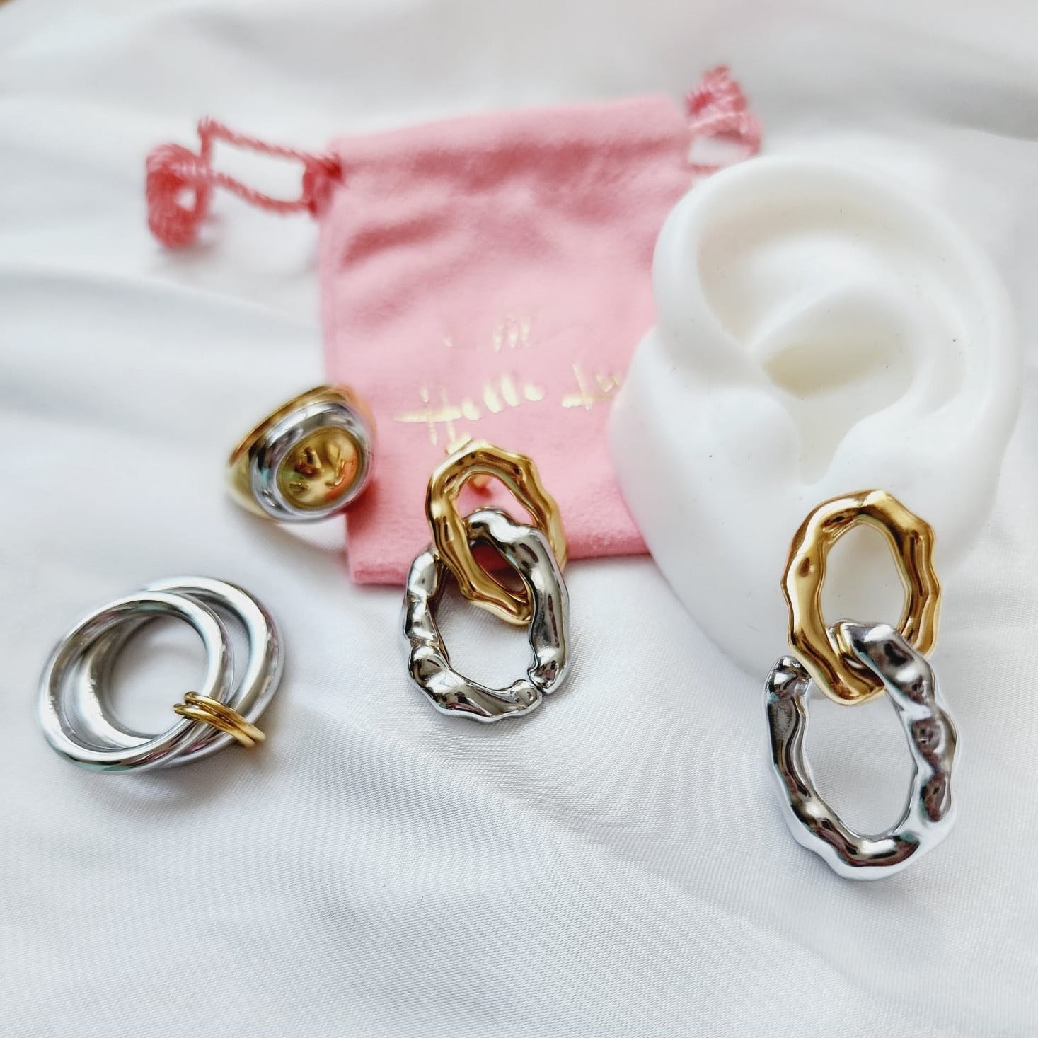 two tone earrings, gold and silver earrings, double tone earrings, abstract two tone earrings, abstract earrings, dainty earrings, classy earrings, Hiigh quality 18k gold plated earrings, water resistant earrings, aesthetic earrings, water resistance jewelry  Vintage Earrings, Bold Earrings, Water Resistant Earrings, Tarnish Free Earrings,