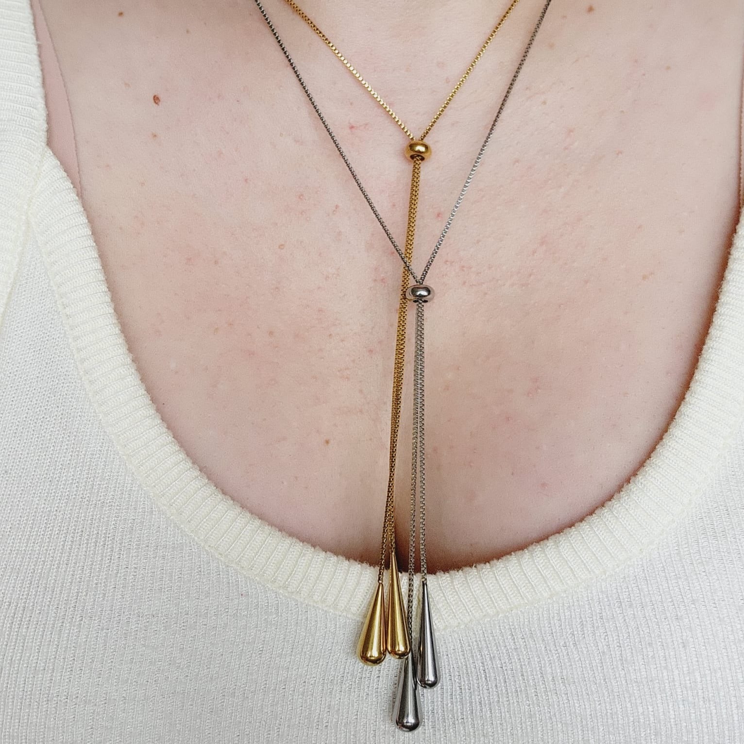 Adjustable Lariat necklace, Adjustable chain, Silver and Gold lariat, Adjustable Double tone mesh chain, two tone lariat, Edgy Double tone Necklace, Two Tone Waterproof Necklace, Two Tone Cuban Necklace, Two tone cuban chain, Lock Silver Chain, Lock Pendant and Necklace, Dior Dupe Necklace, Water Resistant Necklace, Water Resistant Jewelry