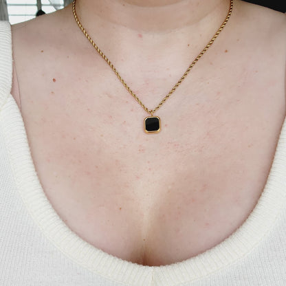 Black square onyx Rope Necklace, Chunky Necklace, 18k Gold Plated Cuban Chain, Black necklace, black delicate necklace, black simple necklace, black square necklace, black Pearl Necklace, Water Resistant Necklace, black vintage necklace, Water Resistant Jewelry,  Water Resistant, water resistance jewelry, Vintage Necklaces, christmas gift for her, christmas gift for wife