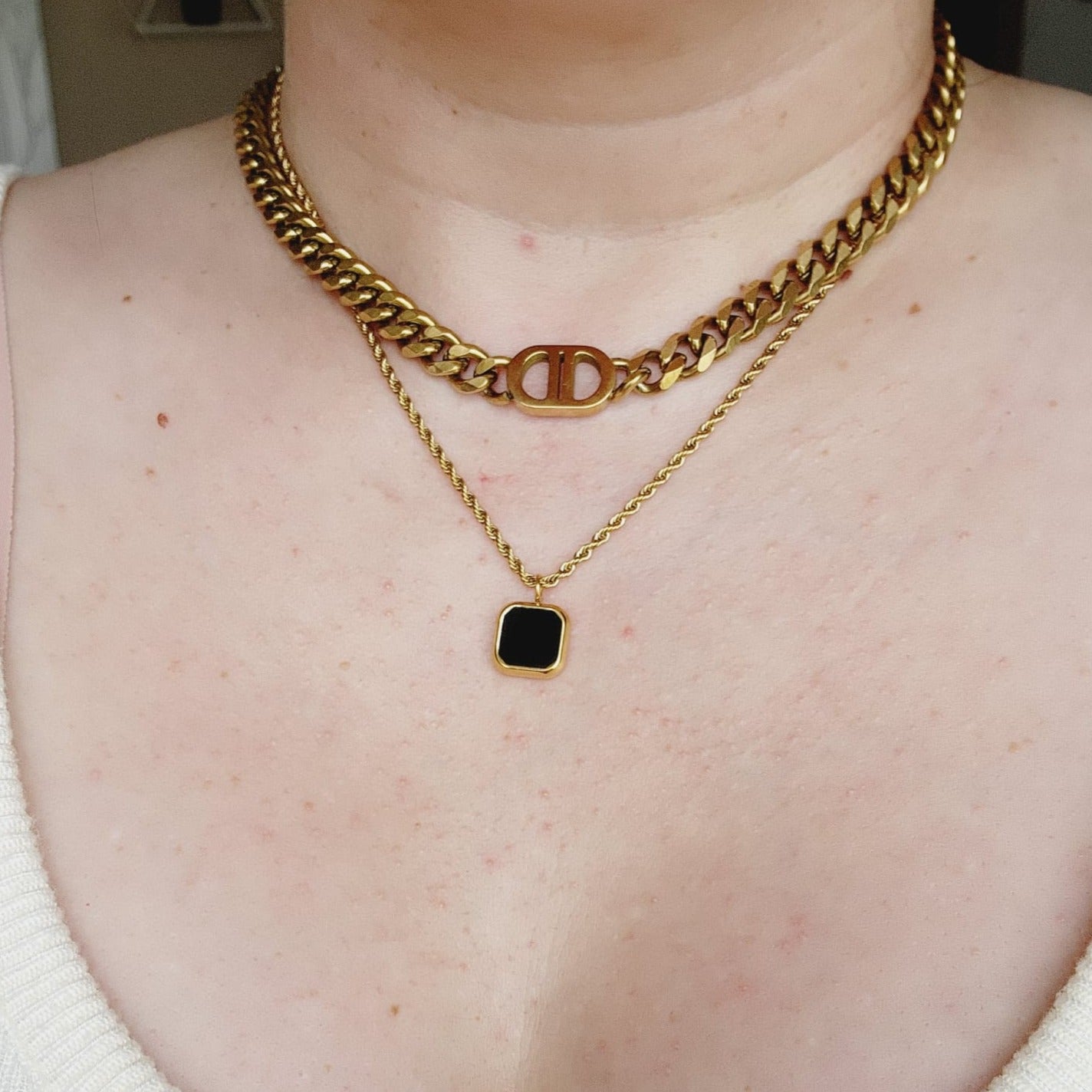 Black square onyx Rope Necklace, Chunky Necklace, 18k Gold Plated Cuban Chain, Black necklace, black delicate necklace, black simple necklace, black square necklace, black Pearl Necklace, Water Resistant Necklace, black vintage necklace, Water Resistant Jewelry,  Water Resistant, water resistance jewelry, Vintage Necklaces, christmas gift for her, christmas gift for wife