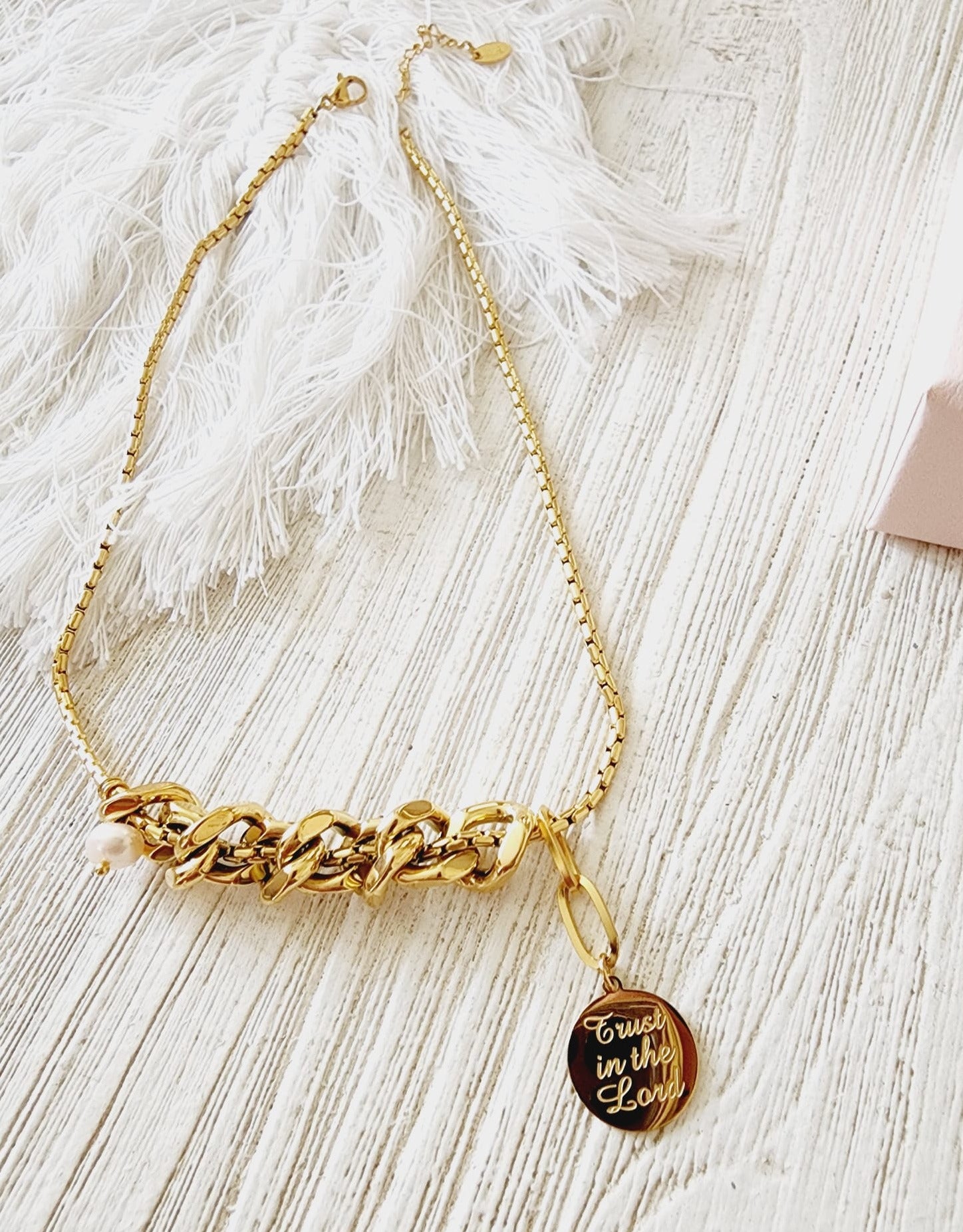 Religious Necklace, Trust in the lord necklace, White Necklace, Chunky Necklace, 18k Gold Plated Cuban Chain, Pearl Necklace, religious gift, religious necklace for woman Water Resistant Necklace Water Resistant Jewelry Water Resistant water resistance jewelry Vintage Style