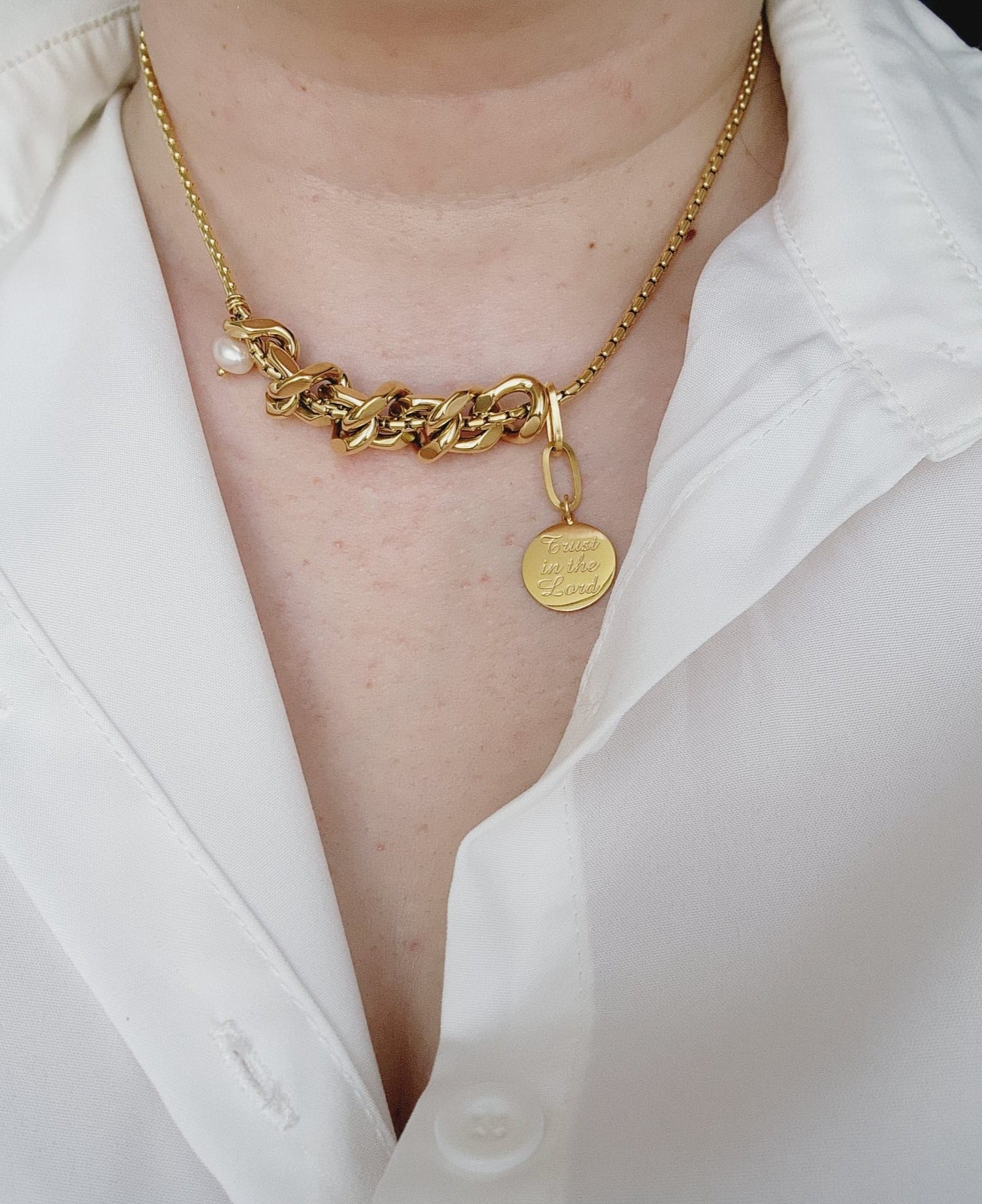 Religious Necklace, Trust in the lord necklace, White Necklace, Chunky Necklace, 18k Gold Plated Cuban Chain, Pearl Necklace, religious gift, religious necklace for woman Water Resistant Necklace Water Resistant Jewelry Water Resistant water resistance jewelry Vintage Style