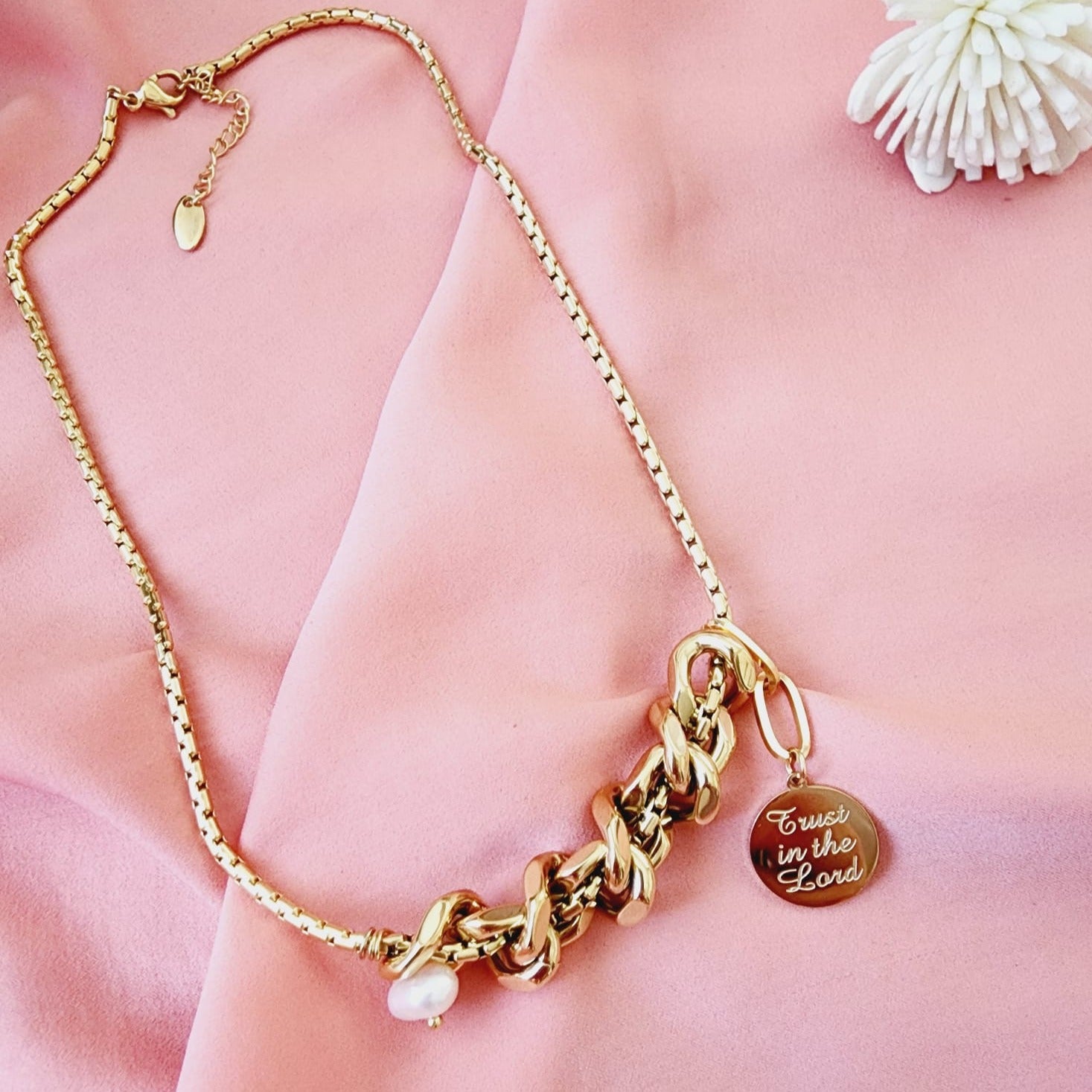 Religious Necklace, Trust in the lord necklace, White Necklace, Chunky Necklace, 18k Gold Plated Cuban Chain, Pearl Necklace, religious gift, religious necklace for woman Water Resistant Necklace Water Resistant Jewelry Water Resistant water resistance jewelry Vintage Style