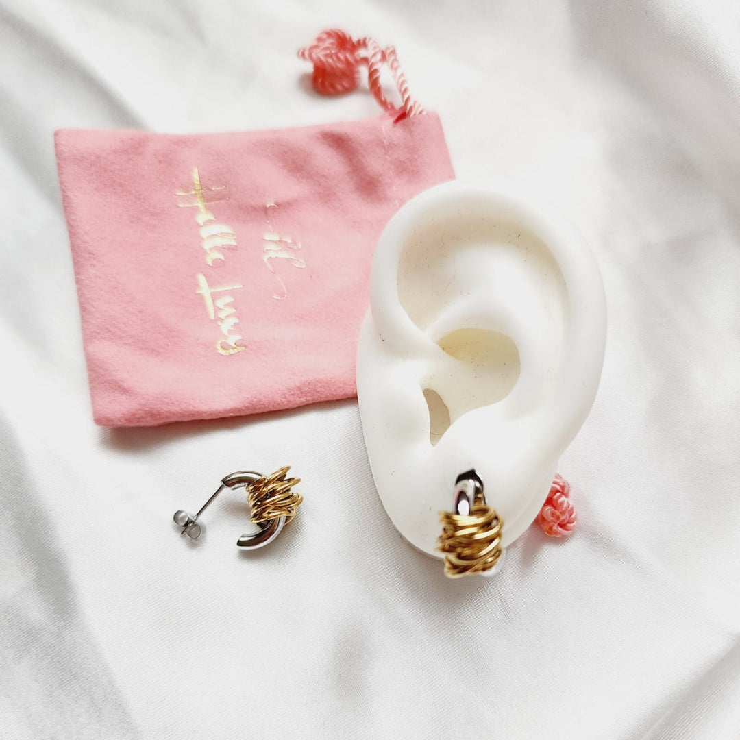 Mini Creative Wrapped C-shaped Earrings, two tone Hoops Earrings, two tone small delicate hoops, Water resistant gold hoops, tarnish free gold open hoops, Lightweight Chunky Open Hoops, 14k lightweight chunky hoops, 14k gold hoops, 14k Double tone hoops, 18k Gold Filled lightweight hoops, 18k Gold Filled hoops, classy gold hoops