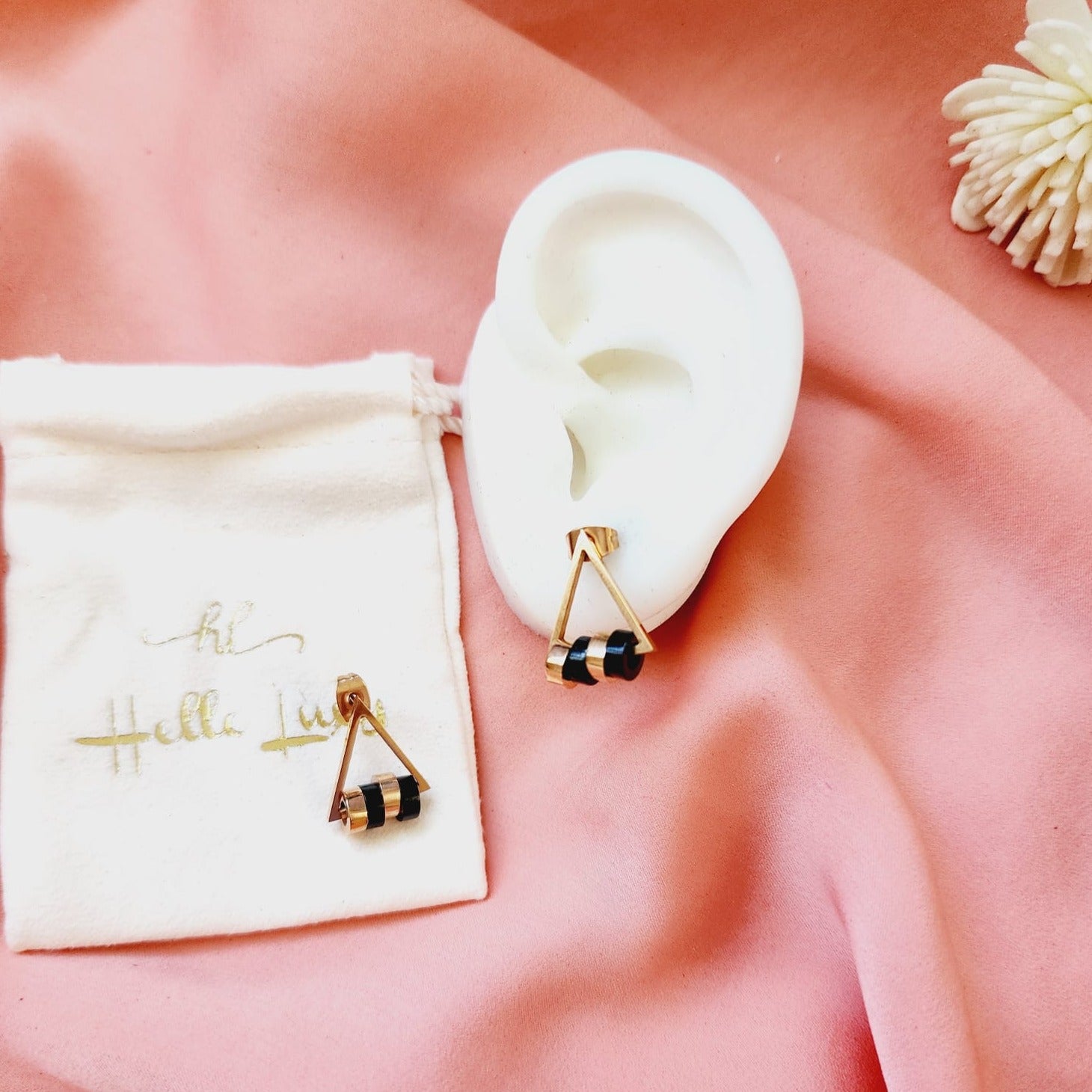 Triangle Shape Hoops, Triangle Rose and black Gold Earrings, Anxiety Earrings, Water Resistant Earrings, 18k Gold Plated, Vintage Earrings