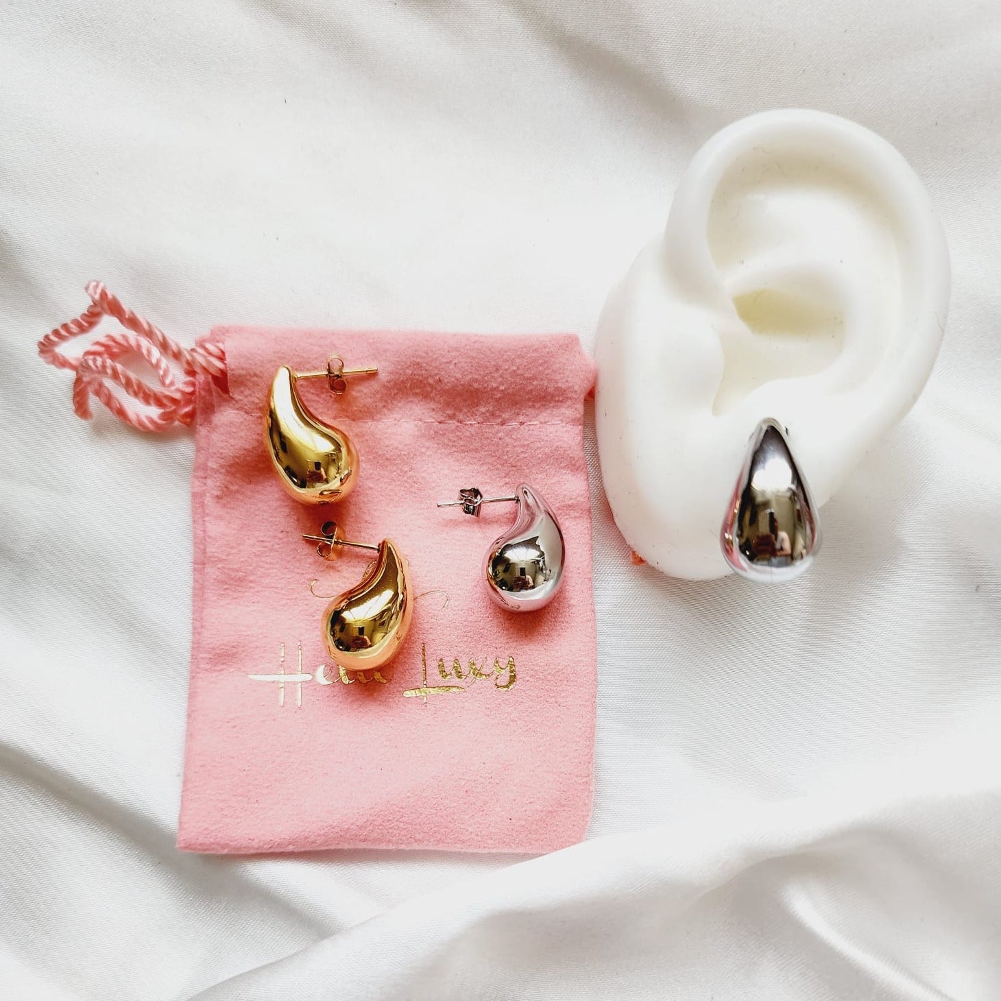 Small Bold Tear Drop earrings, silver earrings, hypoallergenic earrings, teardrop maxi studs, 18k gold plated earrings, Waterproof earrings, Silver and gold earrings, Durable earrings, Elegant earrings, Timeless design, aesthetic earrings, timeless earrings, Stylish jewelry, stylish earrings, Versatile jewelry