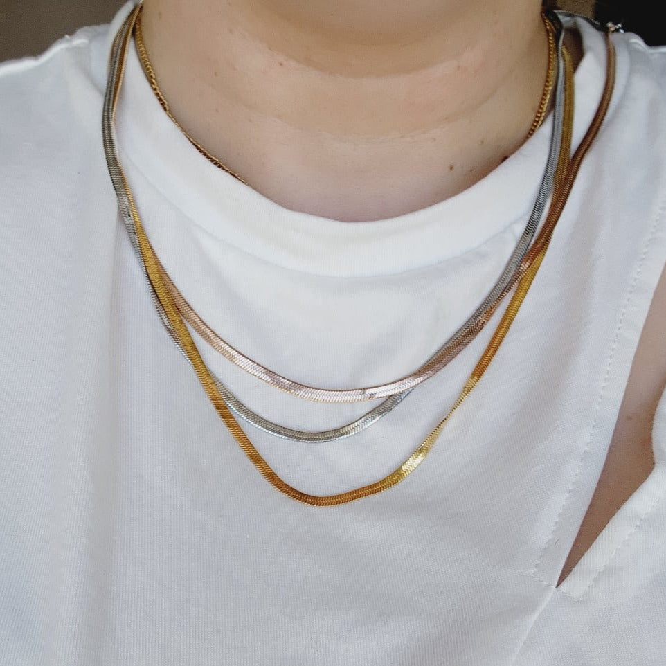 Three tone snake chain, Silver gold and rose gold braid necklace, Chunky Necklace, 18k Gold Plated Cuban Chain, herringbone three tones set, water proof jewelry, three tone jewelry, gift for woman  Water Resistant Necklace  Water Resistant Jewelry  Water Resistant  water resistance jewelry